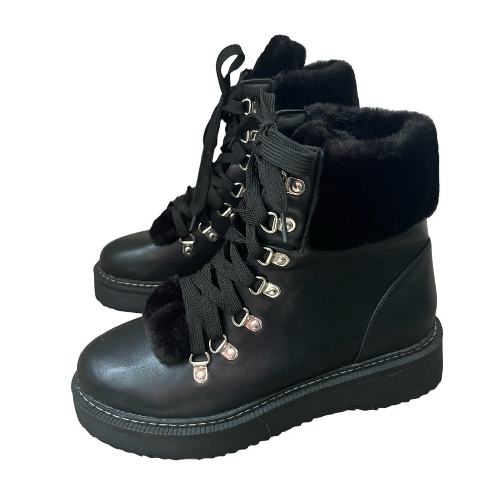 Nicole Miller Black Kooky Faux Fur Leather Lace Up Moto Combat Boot Size 9